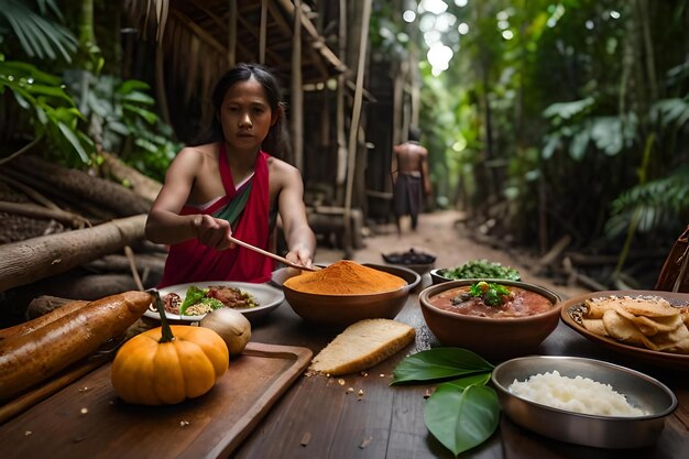 Photo une femme coupant des légumes sur une table avec un homme en arrière-plan.