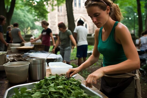 Photo une femme coupant des légumes verts sur une table