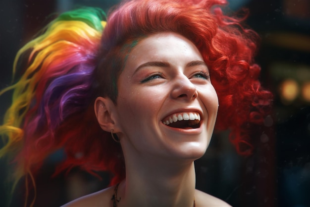 Une femme avec une coupe de cheveux arc-en-ciel sourit à la caméra.