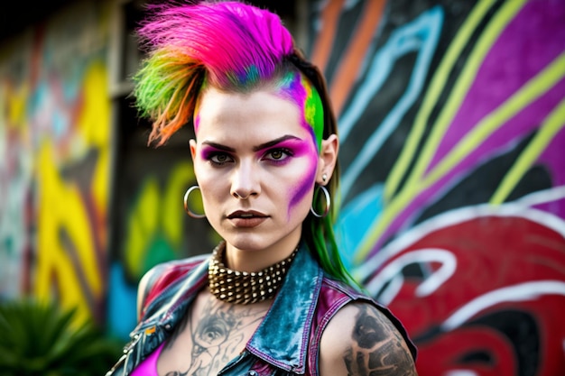 Photo une femme avec une coupe de cheveux colorée et un tatouage sur la tête se tient devant un mur de graffitis.