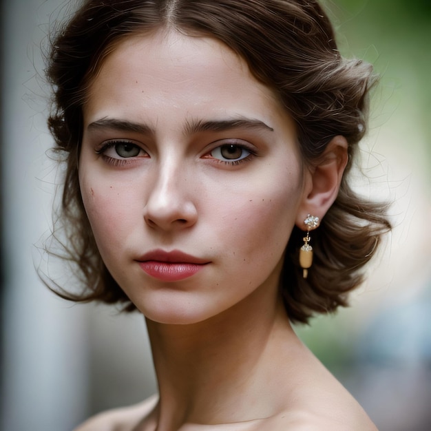 Une femme avec une coupe de cheveux courte et des boucles d'oreilles en or regarde la caméra.