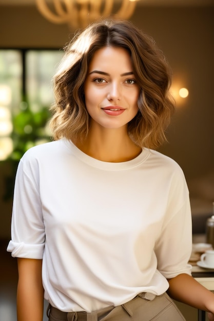 Femme avec une coupe de cheveux courte et une chemise blanche IA générative