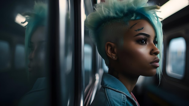 Une femme avec une coupe de cheveux mohawk est assise dans un bus.