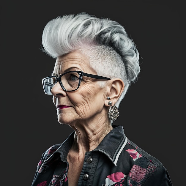 Une femme avec une coupe de cheveux mohawk et des lunettes