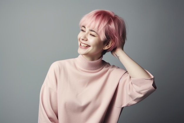 Une femme avec une coupe de cheveux rose sourit et sourit.