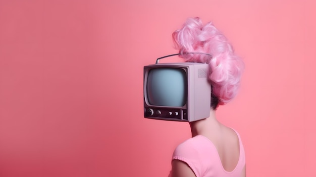 Une femme avec une coupe de cheveux rose et une télévision sur la tête.