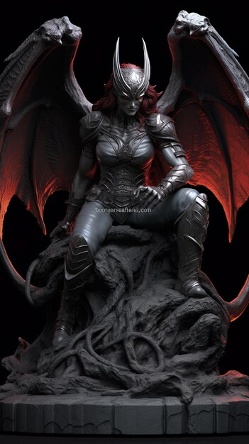 une femme avec une coupe de cheveux rouge est assise sur un dragon noir et rouge.