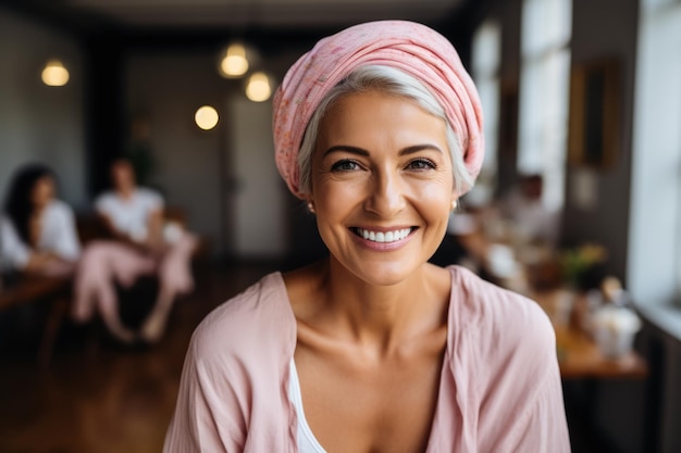 Une femme courageuse souriant avec son groupe de soutien célébrant sa victoire sur l'espace vide du cancer du sein