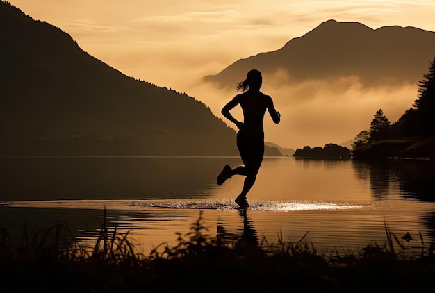 femme courant silhouette par le lac dans le style des reflets d'eau pétillante
