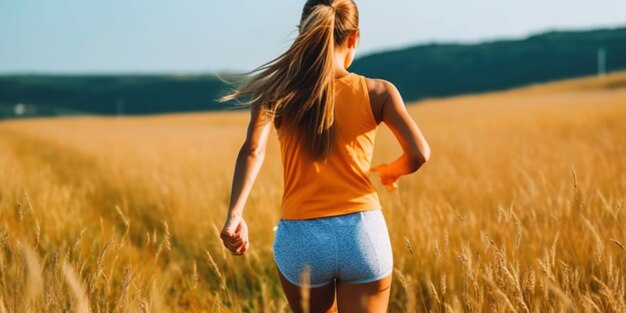 Femme courant sur un terrain d'herbe Femme faisant du jogging Concept d'entraînement IA générative