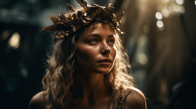 Une femme avec une couronne dorée sur la tête se tient devant un fond sombre.