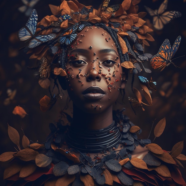 Une femme avec une couronne faite de feuilles et de papillons