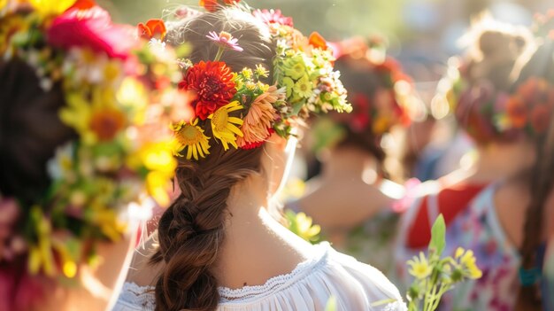 Photo femme en couronne de fleurs avec les cheveux tressés lors d'un événement en plein air ensoleillé