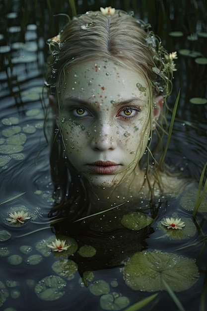 Une femme avec une couronne de fleurs dans l'eau