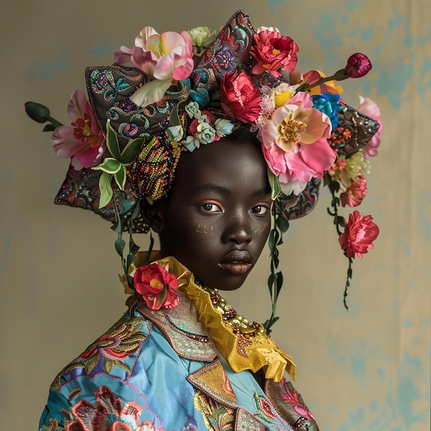 une femme avec une couronne de fleurs et un foulard jaune porte une coiffure florale