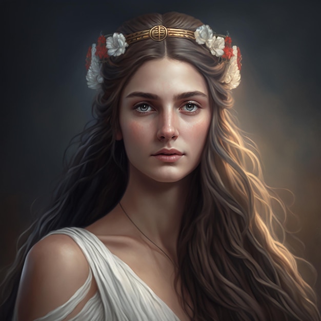 Une femme avec une couronne de fleurs habillée en déesse grecque avec vue sur la montagne