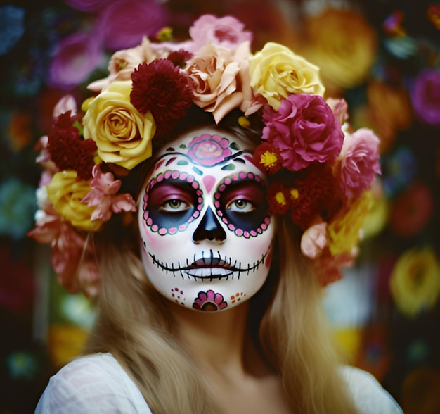 Une femme avec une couronne de fleurs et une peinture de visage de crâne de sucre