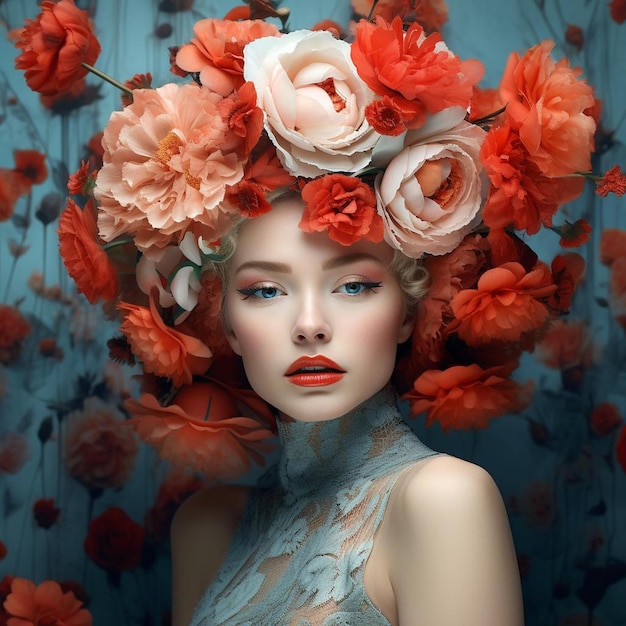 une femme avec une couronne de fleurs sur la tête est couverte de fleurs rouges.
