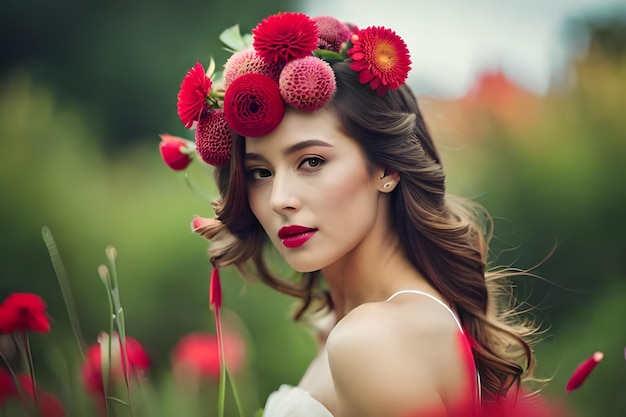 une femme avec une couronne de fleurs sur la tête porte une couronne de fleurs rouges.