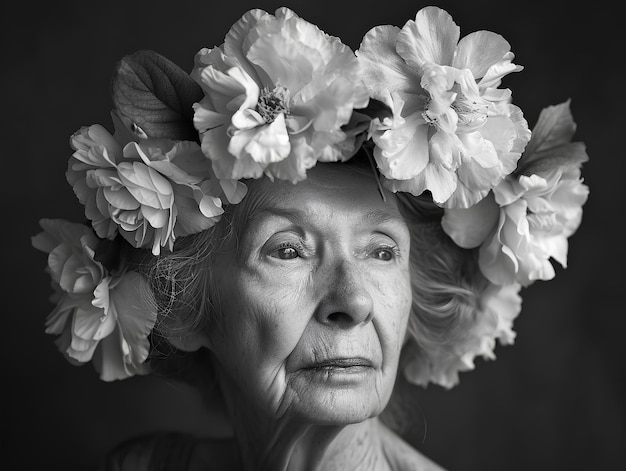 Une femme avec une couronne de fleurs sur la tête regardant la caméra avec un regard sérieux sur son visage