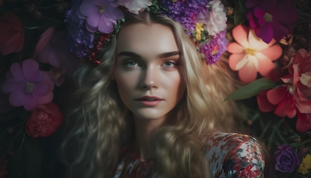 Une femme avec une couronne de fleurs sur la tête