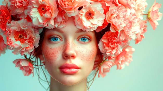 Femme avec une couronne de fleurs sur turquoise