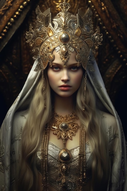 Une femme avec une couronne d'or et une couronne