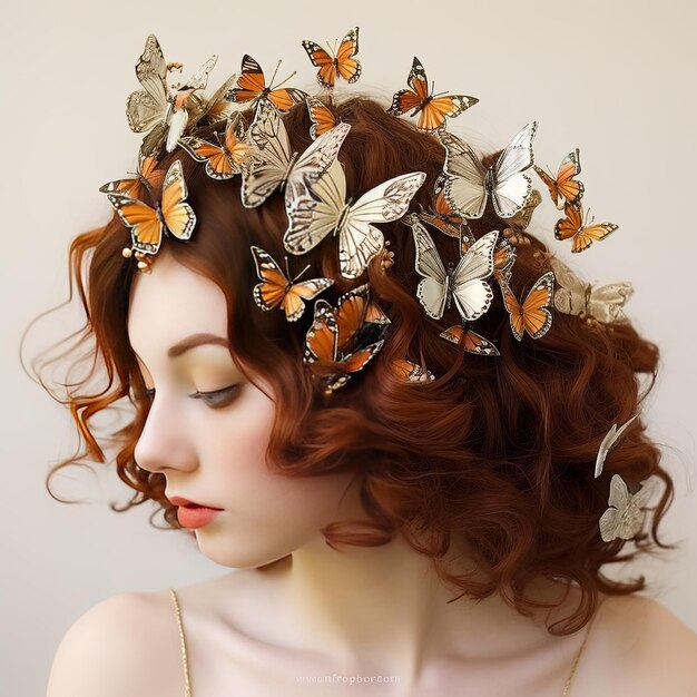 une femme avec une couronne de papillons sur la tête