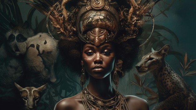 Une femme avec une couronne sur la tête se tient devant une affiche qui dit "femme noire"