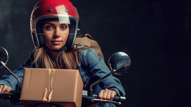 Une femme de courrier sur un scooter avec une boîte en carton livraison de produit