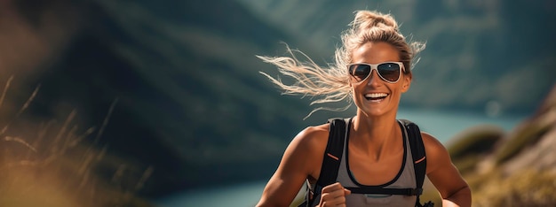 Femme de course de trail en montagne