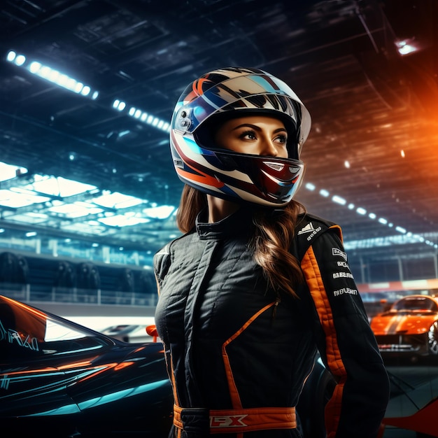 Femme de course avec une voiture futuriste IA générative