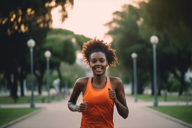 Une femme court sur un chemin du parc le soir.