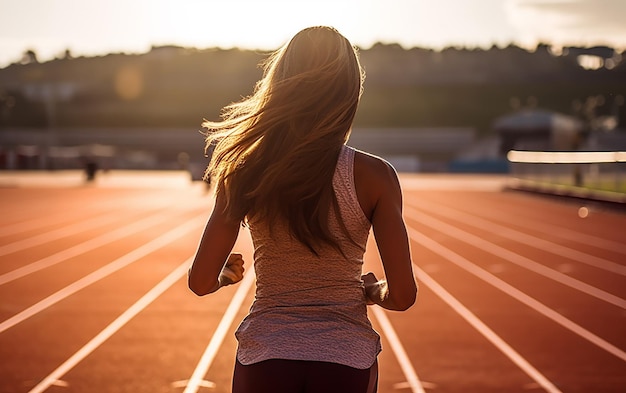 une femme court sur une piste avec un fond flou