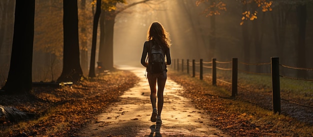 Photo une femme court sur un sentier un matin ensoleillé sur une route forestière contre la direction du soleil