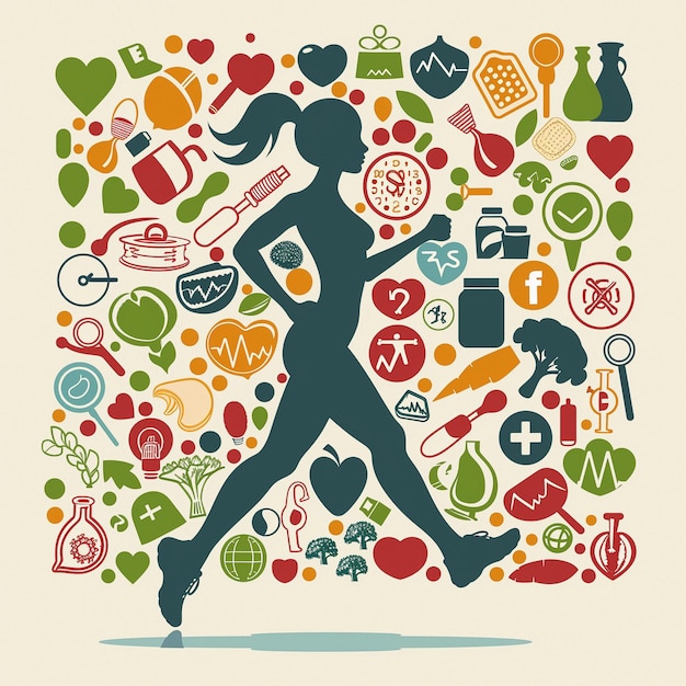 Une femme court à travers des icônes de santé et de fitness colorées
