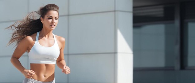 une femme court sur un trottoir devant un bâtiment