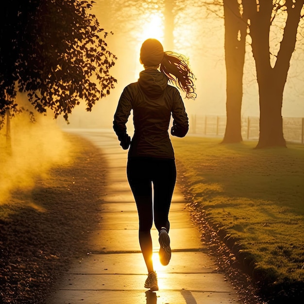 Une femme court sur un trottoir le matin.