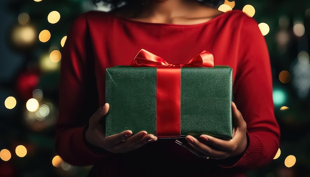 femme courte tenant une boîte cadeau de Noël en gros plan