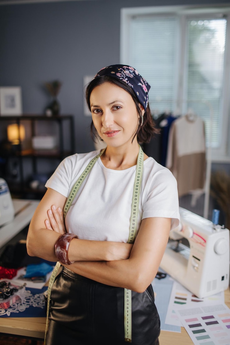 Photo femme couturière posant lors d'un atelier