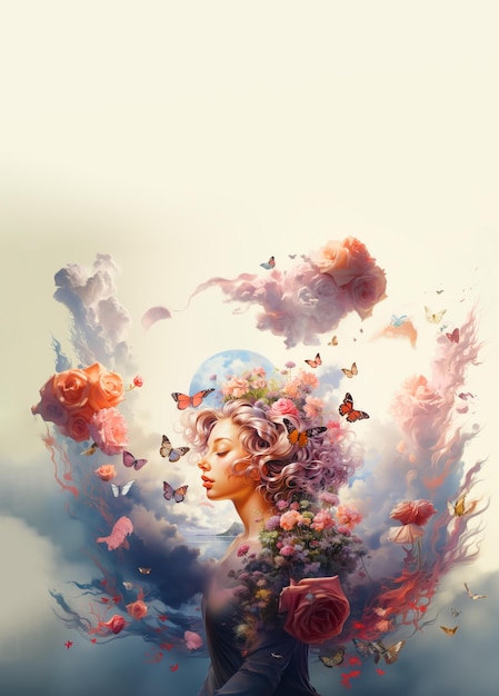 Femme couverte de fleurs et de nuages pensée positive esprit créatif soin de soi et santé mentale