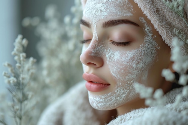 Photo femme couverte de poudre blanche avec une serviette sur la tête