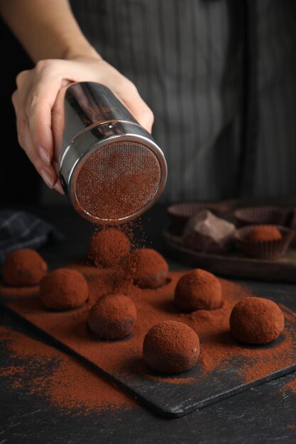 Femme couvrant de délicieuses truffes au chocolat avec de la poudre de cacao au gros plan de table noire