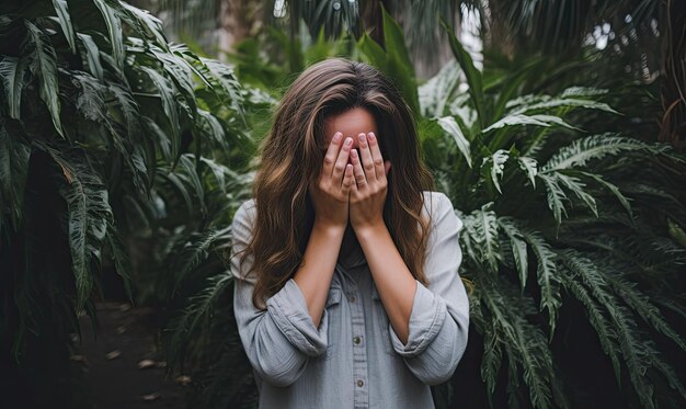 Photo une femme couvrant son visage avec ses mains