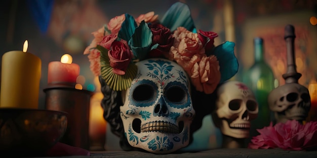 Femme avec crâne mexicain jour des morts maquillage sur son visage traditionnel catrina dia de muertos