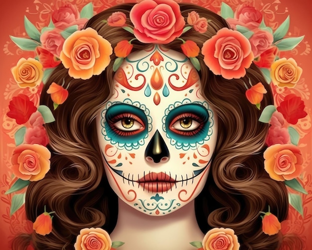 Une femme avec un crâne mexicain peint sur son visage Illustration Generative AI