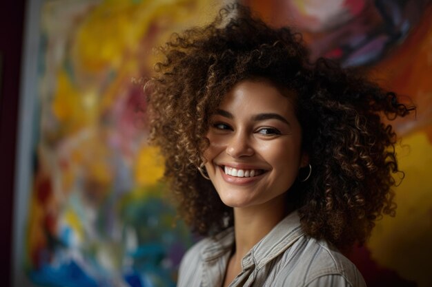 Femme créative avec des cheveux bouclés naturels et un sourire éclatant peignant dans son studio