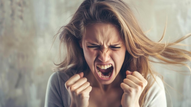 Une femme criant avec les cheveux soufflants