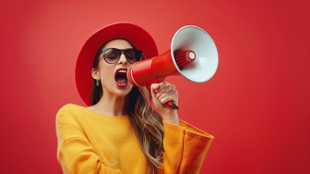 Une femme criant dans un mégaphone.