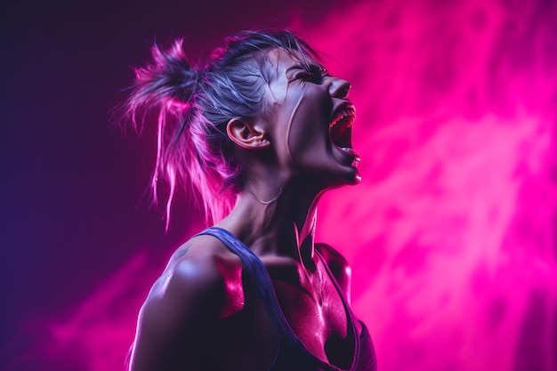 une femme criant devant un néon